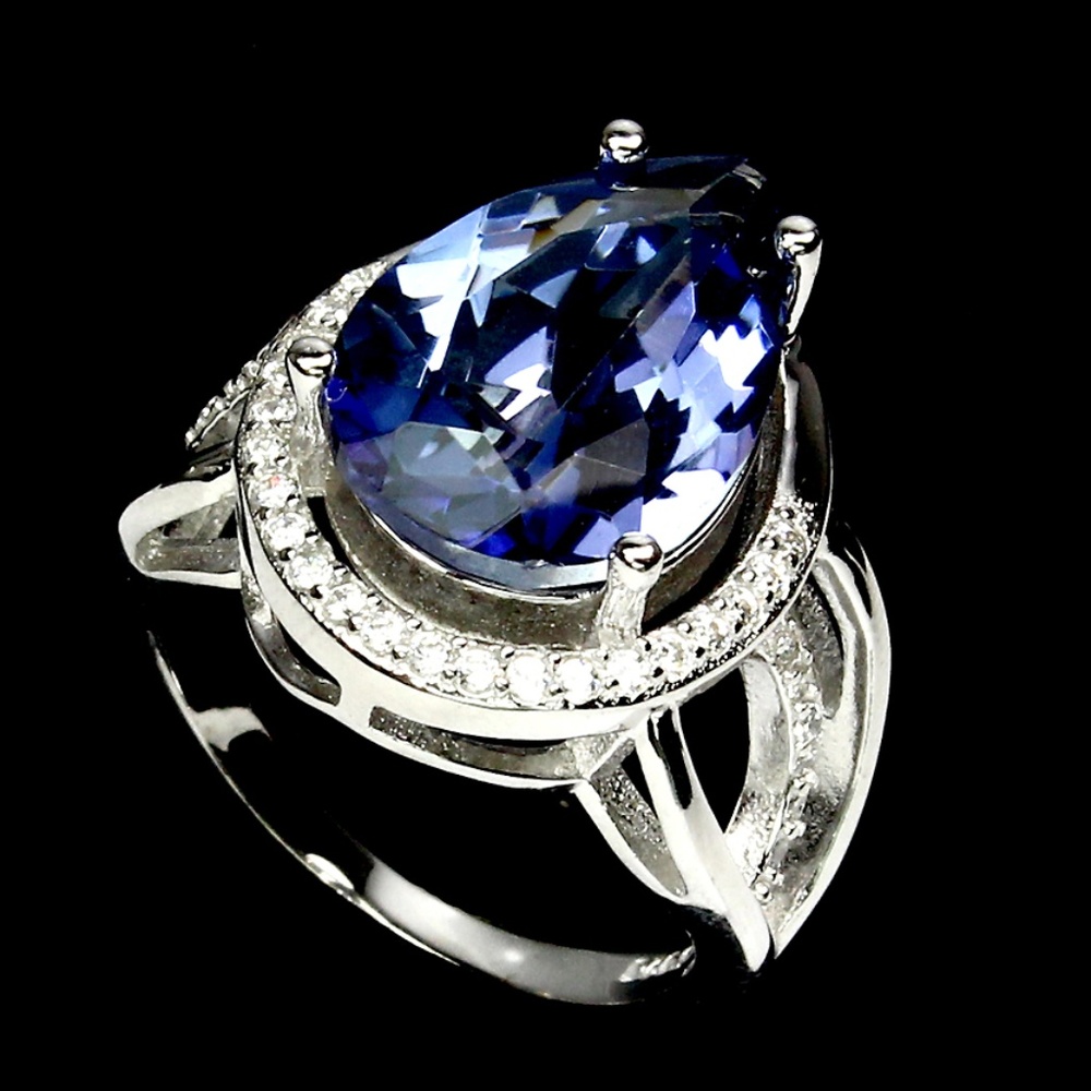 Pear 15x10mm .925 Tanzanite color quartz ring sz 6